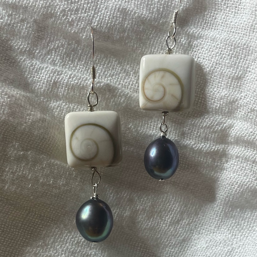 NEW Sterling Sliver Earrings with Fossil Shiva Shells and Tahitian Black Pearls